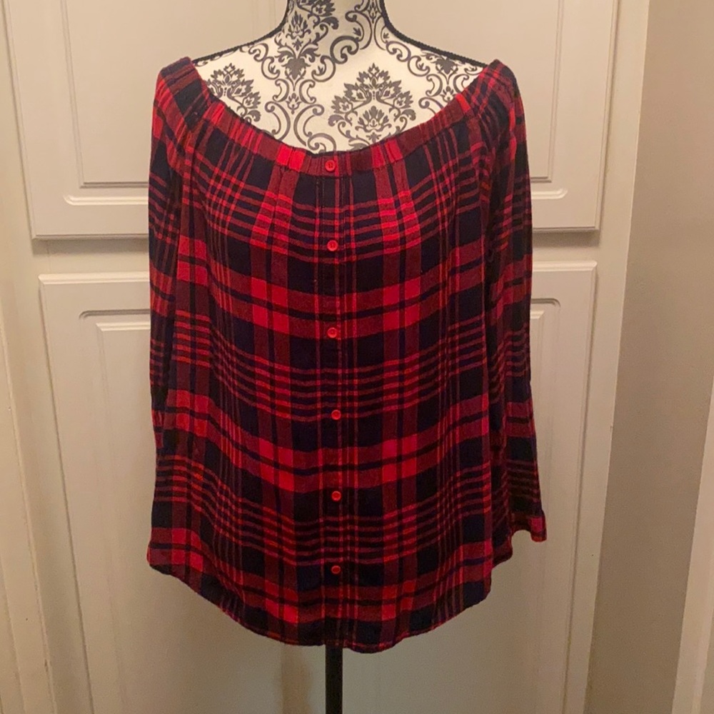 Dainty Hooligan Red Plaid off the Shoulder Women’s shirt.